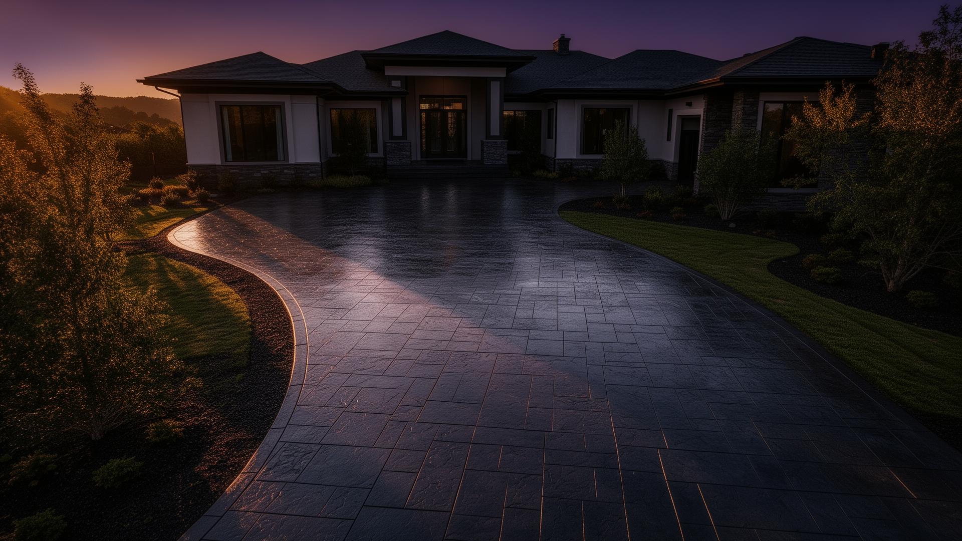 Premium stamped concrete driveway at twilight in North Carolina